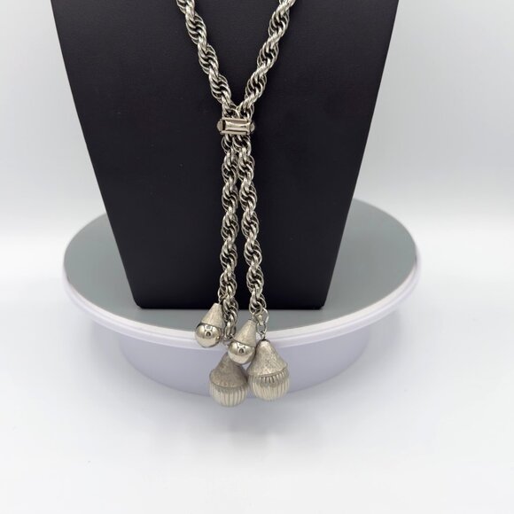 Vintage Silver Tone Long Twisted Rope Chain Necklace With Tassel Ends - Picture 3 of 13